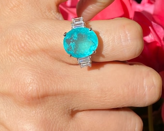 Paraiba Inspired Neon Oval Statement Ring with Side Zirconium Baguettes