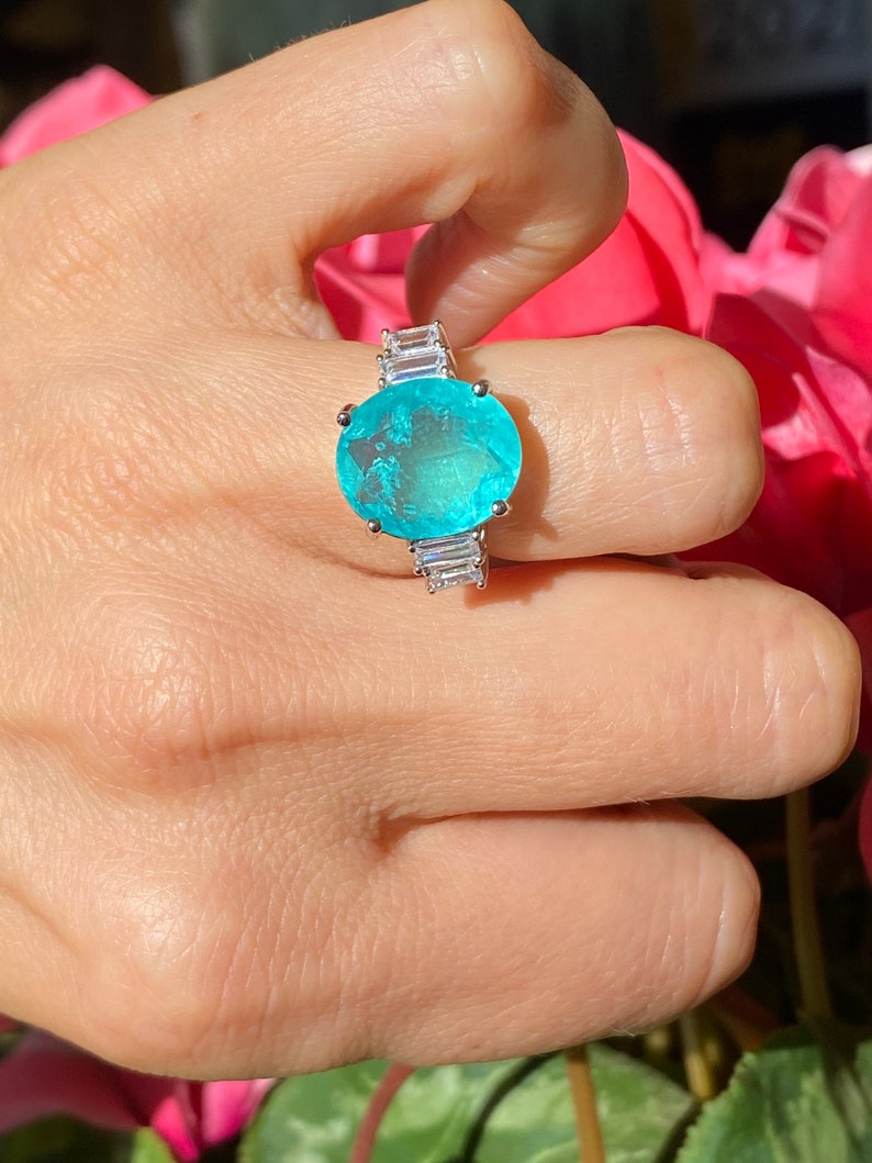 Paraiba Inspired Neon Oval Statement Ring with Side Zirconium Baguettes image 1