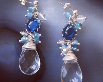 Clear Faceted Crystal with Blues and Silver Earrings