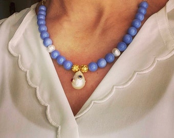 Beautiful Periwinkle OR Pink Necklace with a Pearl Incrusted with Crystals - One Of A Kind!