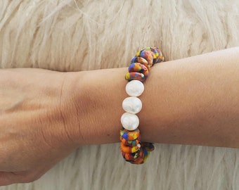 Multicolored African Glass and Pearl Bracelet