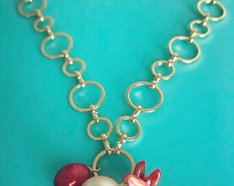 Pink or Turquoise Pearl Trio Pendant on a Chunky Chain