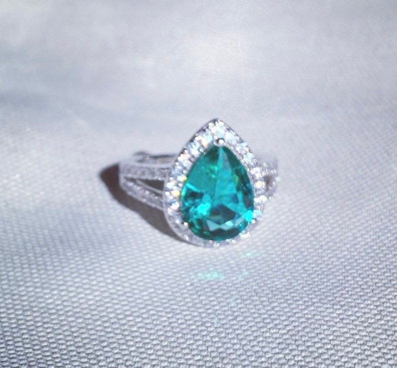Paraiba Pear Shape Promise Ring Simulated Paraiba Green Spinel