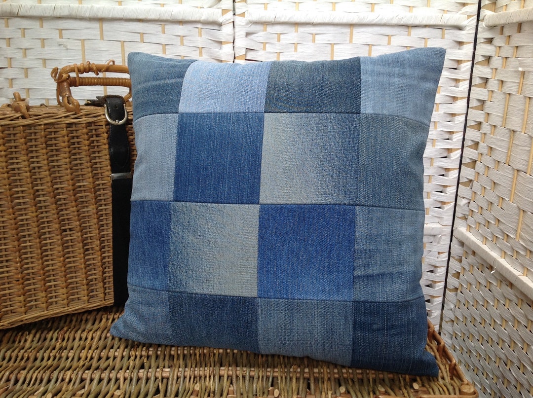 Recycled Denim Cushion Cover 16 X 16 Patchwork Etsy UK