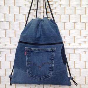 Denim Drawstring Backpack: Up-cycled Jeans, Sustainable Festival Bag