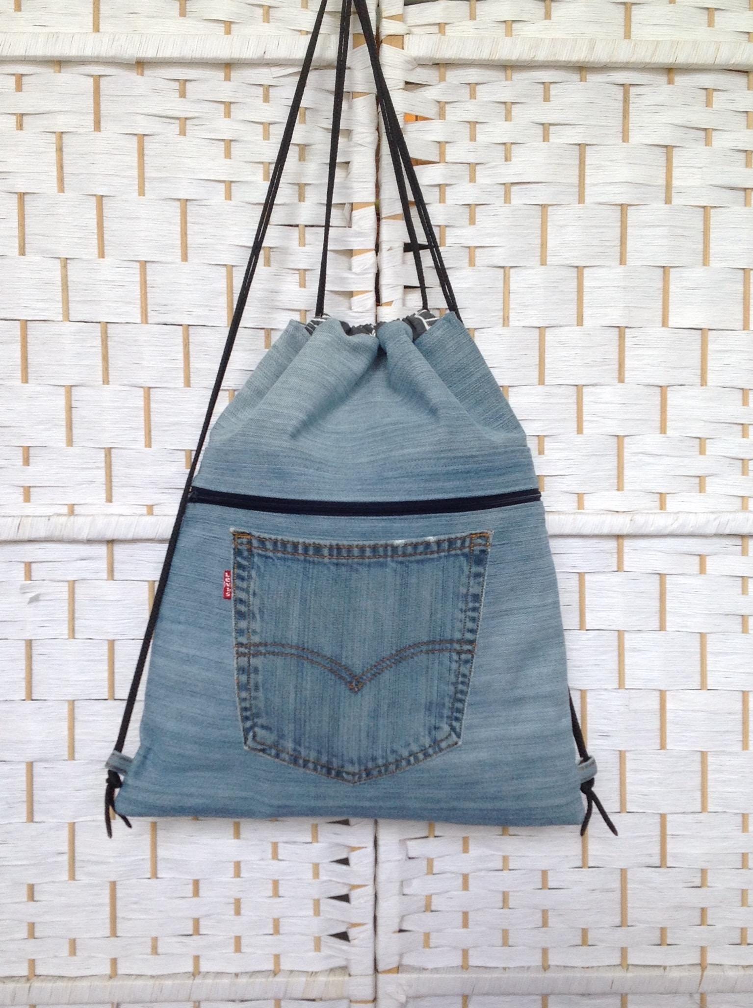 Drawstring Denim Backpack Bag - Etsy display picture 2