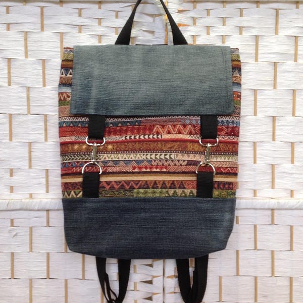 Handmade Tapestry Denim Backpack: Recycled Travel Bag