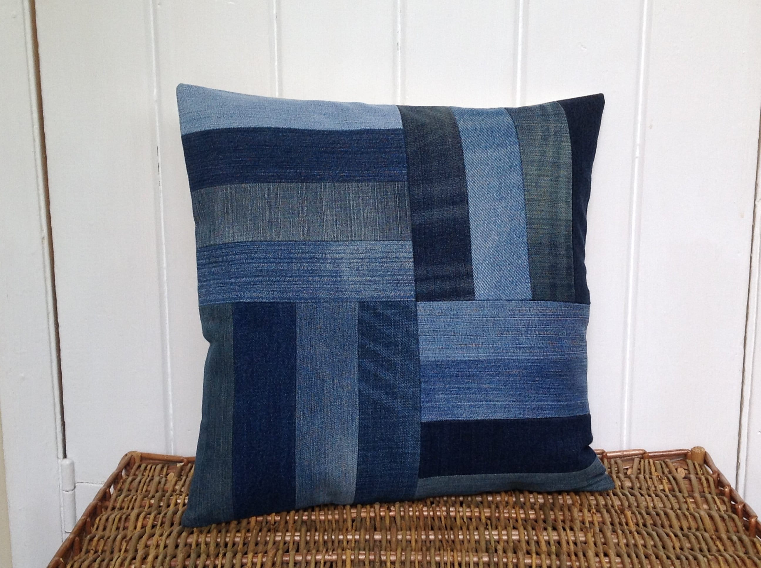 Recycled denim cushion cover 16 x 16 patchwork Etsy