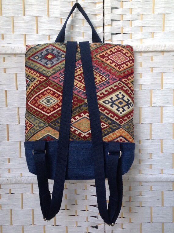 Handmade backpack with flap recycled jeans women's bags Aztec tapestry and denim Bags & Purses Backpacks 