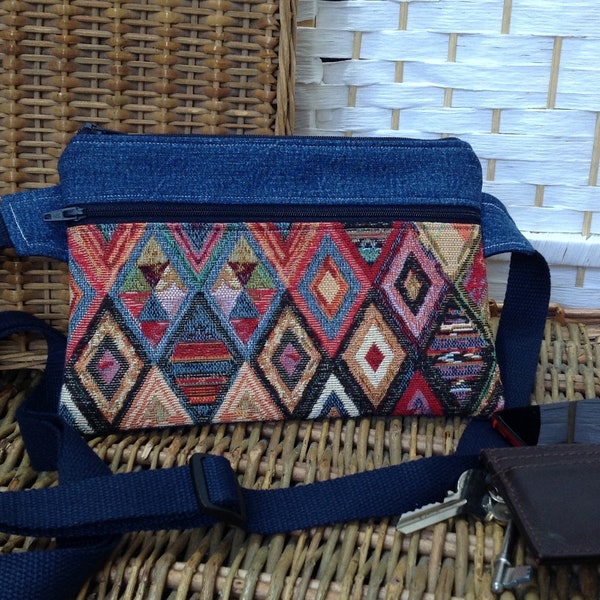 Denim and tapestry sling bag / bumbag, versatile bag, waist travel wallet, hip bag, crossbody bag, recycled denim waist bag, Aztec tapestry