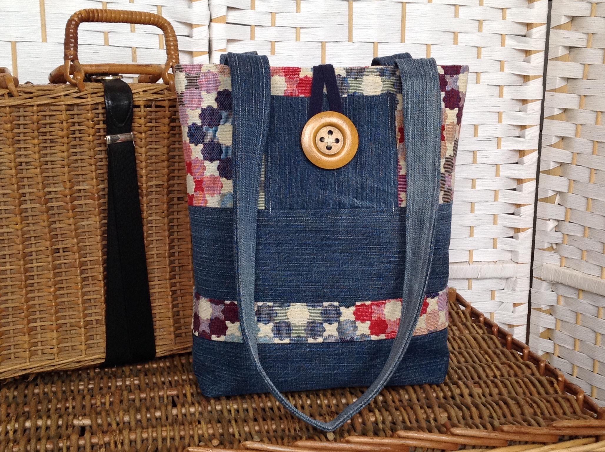 Recycled denim tote, multicoloured tapestry, casual tapestry bag,  handmade women's shoulder bag, upcycled tote bag, jeans bag, women’s gift