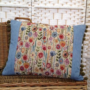 Kew Gardens Tapestry Bolster Cushion: Recycled Denim and Pom-Pom Trim