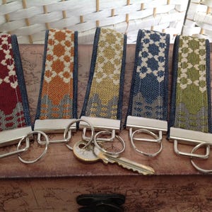 Wristlet Key Fob: Welsh Blanket Tapestry, Recycled Denim, Key Ring