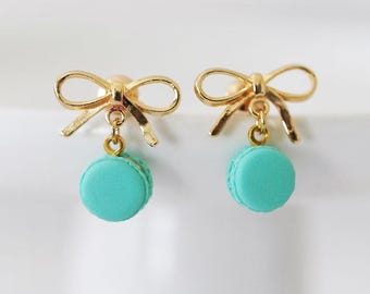 Handmade Mini Mint Macaron Earrings, Gold Bow Studs