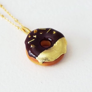 Gold and Chocolate Donut Necklace Polymer Clay Dessert Jewelry Kawaii Food Pendant Handmade Christmas Sweet Gift for Her Luxe Cute Charm