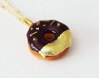 Gold Leaf Chocolate Donut Necklace - Handmade Polymer Clay Food Jewelry