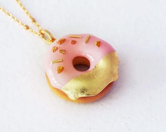 Gold Leaf Donut Necklace, Kawaii Pink Dessert Pendant