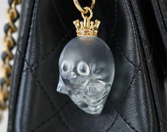 Frosted Resin Skull Bag Charm with Gold Crown – Spooky Kawaii Keychain