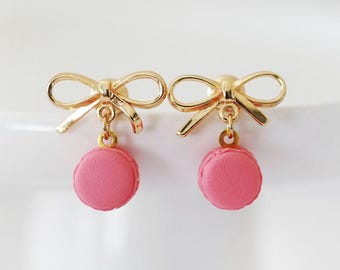 Mini Macaron Stud Earrings, Pink Polymer Clay Bow, Kawaii Jewelry