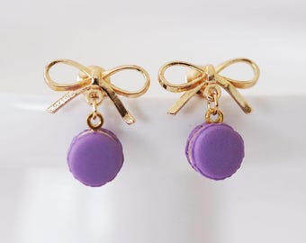 Mini Purple Macaron Earrings, Gold Bow Studs, Kawaii Food Jewelry
