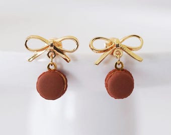 Chocolate Macaron Stud Earrings: Handmade Polymer Clay Kawaii Bow Jewelry
