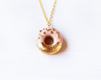 Elfi Handmade Gold and Pink Sprinkle Doughnut Necklace, Donut, Perfect for Christmas gifts, Elegant, Kawaii, Donut Charm, Wedding Gift