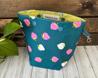 Small Project Bag, Sock Knitting Bag, Sock Sack, Summer Project, Snap Top, Crochet, Strawberries, Summer Sock Knitting, Teal, Summer Berries