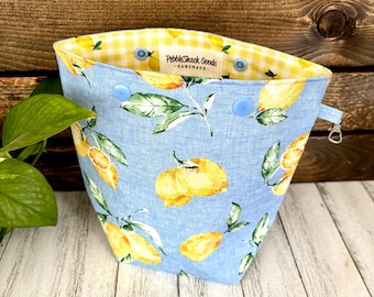 Small Project Bag, Sock Knitting Bag, Sock Sack, Summer Project, Snap Top, Lemons, Lemonade, Summer Sock Knitting, Citrus, Fruit, Blue