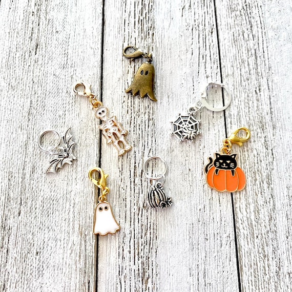 Halloween Stitch Markers, Halloween Progress Keepers Knitting Crochet Metal Knitting Accessory Notion, Skeleton Ghost Pumpkin Bat Black Cat
