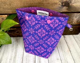 Small Project Bag, Sock Knitting Bag, Sock Sack, Summer Project Bag, Snap Top, Crochet, Knit Stitches, Summer Sock Knitting, Pink, Purple