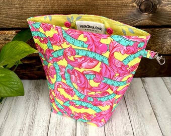 Small Project Bag, Sock Knitting Bag, Sock Sack, Summer Project, Snap Top, Crochet, Tula Pink, Summer Sock Knitting, Brights, Measuring Tape