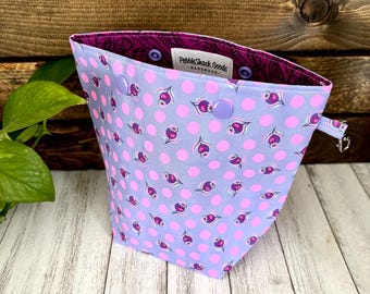 Small Project Bag, Sock Knitting Bag, Sock Sack, Summer Project, Snap Top, Crochet, Tula Pink, Summer Sock Knitting, Pink, Purple, Berries