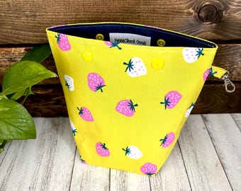 Small Project Bag, Sock Knitting Bag, Sock Sack, Summer Project, Snap Top, Crochet, Strawberries, Summer Sock Knitting, Bright Colours