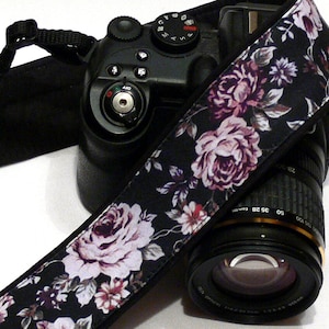 Roses Camera Strap. Black and Purple Camera Strap. Personalized Camera Strap. Canon Nikon Camera Strap. Photo Camera Accessories