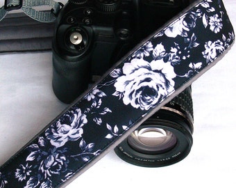 Black White Gray Camera Strap Personalized. Roses Camera Strap. Canon Nikon Camera Strap. Photo Camera Accessories