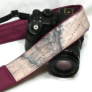 Camera Strap. World Map Camera Strap. Personalized Camera Strap. Padded Purple DSLR Camera Strap with Pocket. Photographer gift.