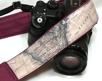 Camera Strap. World Map Camera Strap. Personalized Camera Strap. Padded Purple DSLR Camera Strap with Pocket. Photographer gift.