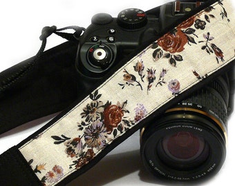 Flowers Camera Strap. Brown Beige Camera Strap.Canon Nikon Camera Strap. Photo Camera Accessories