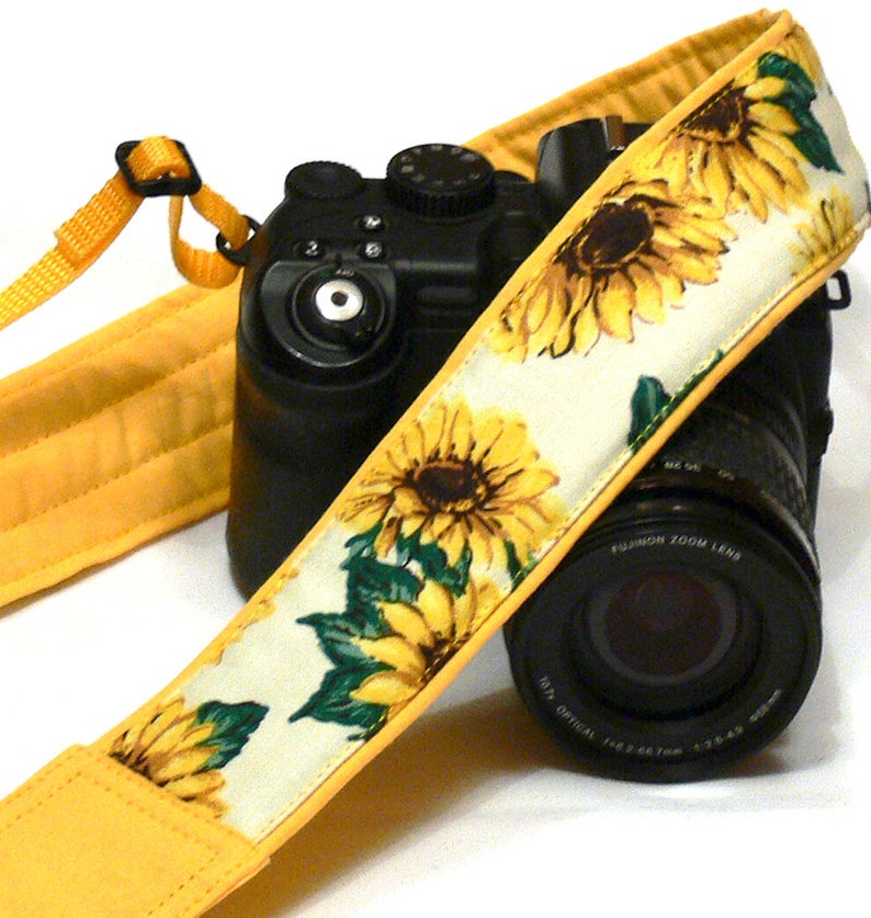 Camera Strap Sunflowers . DSLR Camera Strap. Canon Nikon Camera Strap. Yellow camera strap. Personalized Camera Strap. Camera Accessories 