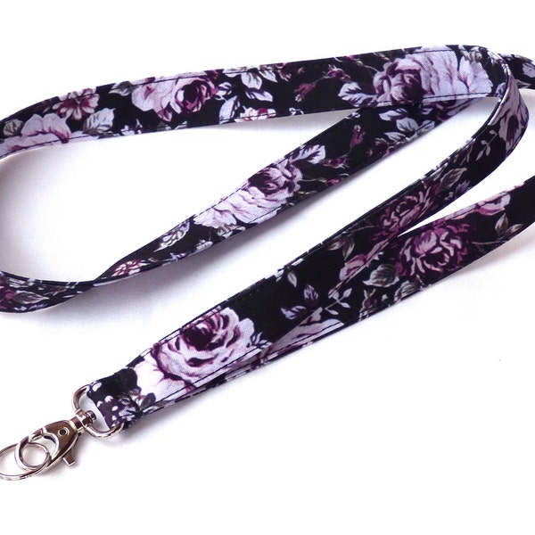 Purple Roses Lanyard. Key Lanyard. Flowers Fabric Lanyard. ID Holder. Fashion Accessories