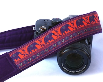 Lucky Elephants Camera Strap. Dark Purple Camera Strap.  DSLR SLR Camera Strap. Canon, Others, Nikon Camera Strap. Etsy Gifts