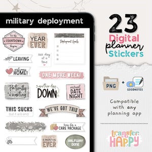 May include: A set of 23 digital planner stickers for military deployment, featuring pink, black, and camouflage designs. Text includes "Let the countdown begin," "Longest year ever," "Deployment Goals," "Leaving," "Welcome Home," and "We've got this."