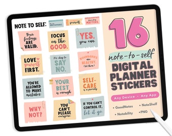 Self-Care Digital Planner Stickers - PNG Digital Stickers, Compatible with ANY App, Like GoodNotes - 16 Note to Self Digital Stickers