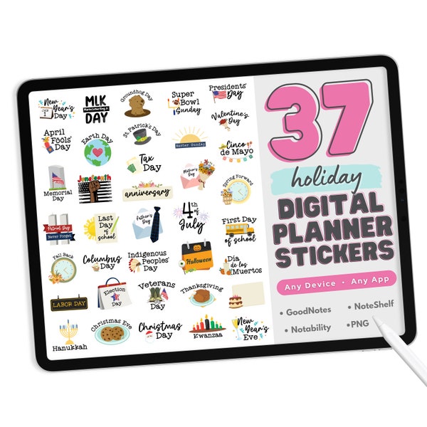 Holiday Digital Planner Stickers - PNG Digital Planner Stickers for Apps Like GoodNotes - 37 Holiday Digital Stickers