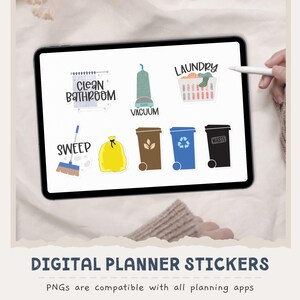 May include: A digital tablet screen displaying a collection of household chore stickers including a shower curtain with the text CLEAN BATHROOM, a vacuum, a laundry basket with the text LAUNDRY, a broom with the text SWEEP, a yellow trash bag, and three bins labeled for compost, recycling, and waste.