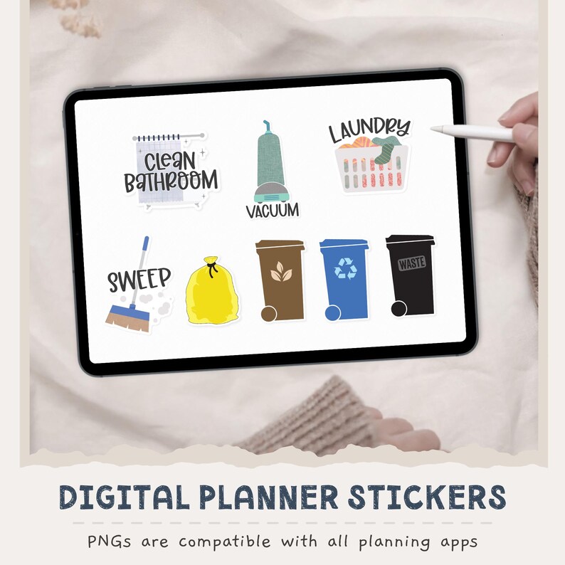 May include: A digital tablet screen displaying a collection of household chore stickers including a shower curtain with the text CLEAN BATHROOM, a vacuum, a laundry basket with the text LAUNDRY, a broom with the text SWEEP, a yellow trash bag, and three bins labeled for compost, recycling, and waste.