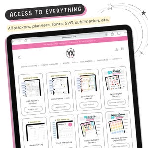 Pu&ograve; includere: Schermata di un sito web con una variet&agrave; di planner digitali, adesivi e altri prodotti digitali. Il sito web si chiama "Yodercross" e offre una piattaforma di abbonamento. I prodotti includono un planner 2025 con un design a ombre, un planner 2025 con un design a icona, un planner 2025 con un design sorbetto, un set di adesivi digitali per il periodo, un diario dei farmaci, un diario delle allergie alimentari, un set di adesivi digitali per la vita quotidiana e un set di adesivi digitali a quadrati arcobaleno.