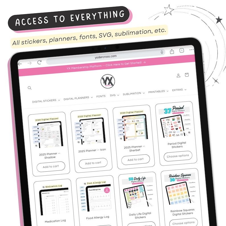 Pu&ograve; includere: Schermata di un sito web con una variet&agrave; di planner digitali, adesivi e altri prodotti digitali. Il sito web si chiama "Yodercross" e offre una piattaforma di abbonamento. I prodotti includono un planner 2025 con un design a ombre, un planner 2025 con un design a icona, un planner 2025 con un design sorbetto, un set di adesivi digitali per il periodo, un diario dei farmaci, un diario delle allergie alimentari, un set di adesivi digitali per la vita quotidiana e un set di adesivi digitali a quadrati arcobaleno.