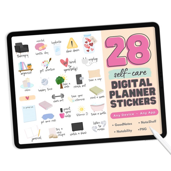 Self-Care Digital Planner Stickers - PNG Digital Planner Stickers, Compatible with ANY App, Like GoodNotes - 28 Self-Love Digital Stickers