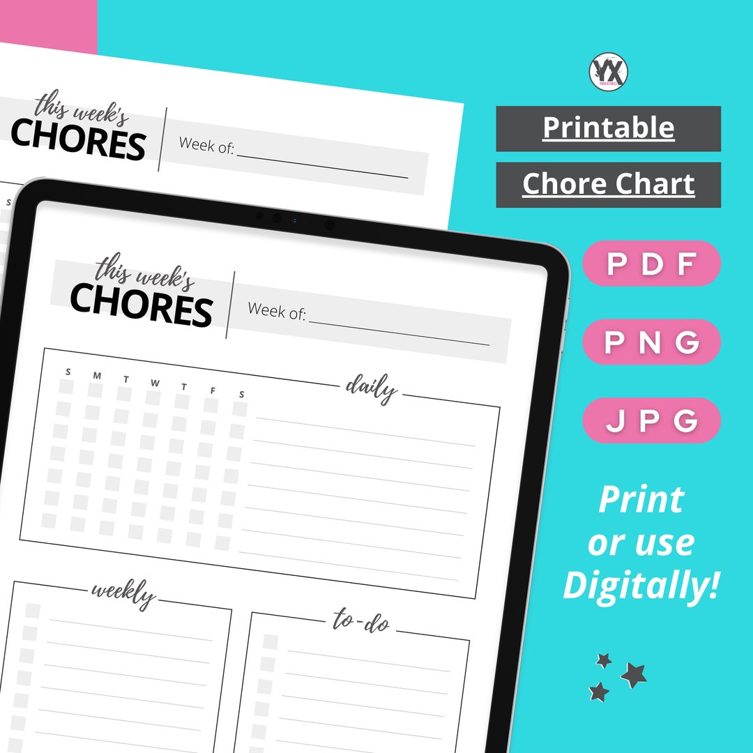 Weekly Adult Chore Chart Printable PDF PNG JPG Chore Chart - Etsy